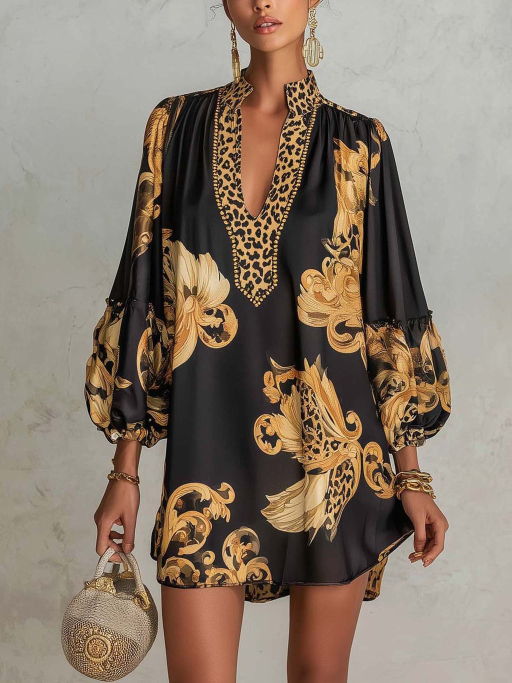 Black Retro Baroque-Print V-Neck Mini Dress