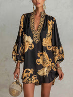 Black Retro Baroque-Print V-Neck Mini Dress