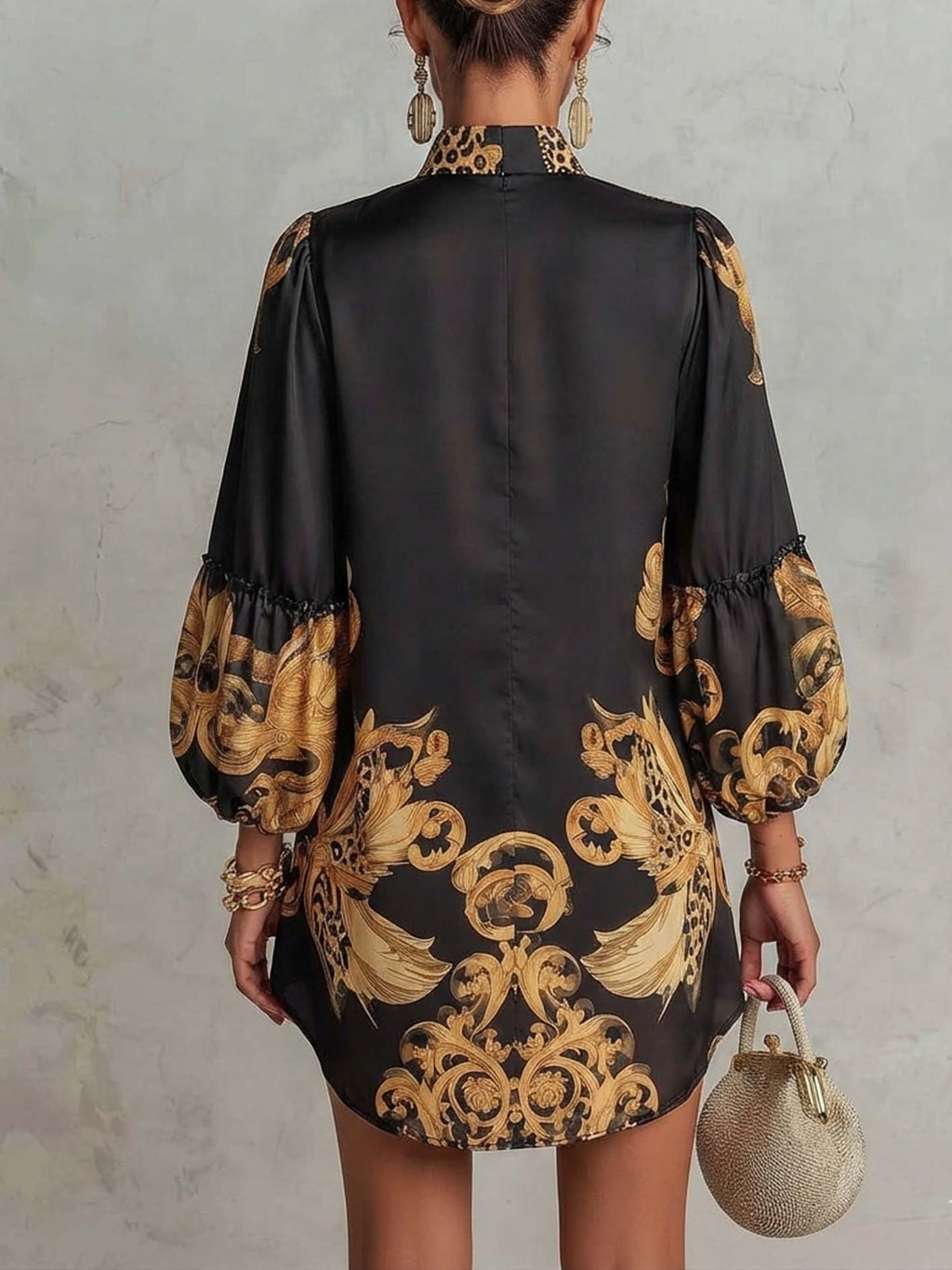 Black Retro Baroque-Print V-Neck Mini Dress