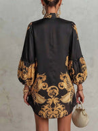 Black Retro Baroque-Print V-Neck Mini Dress