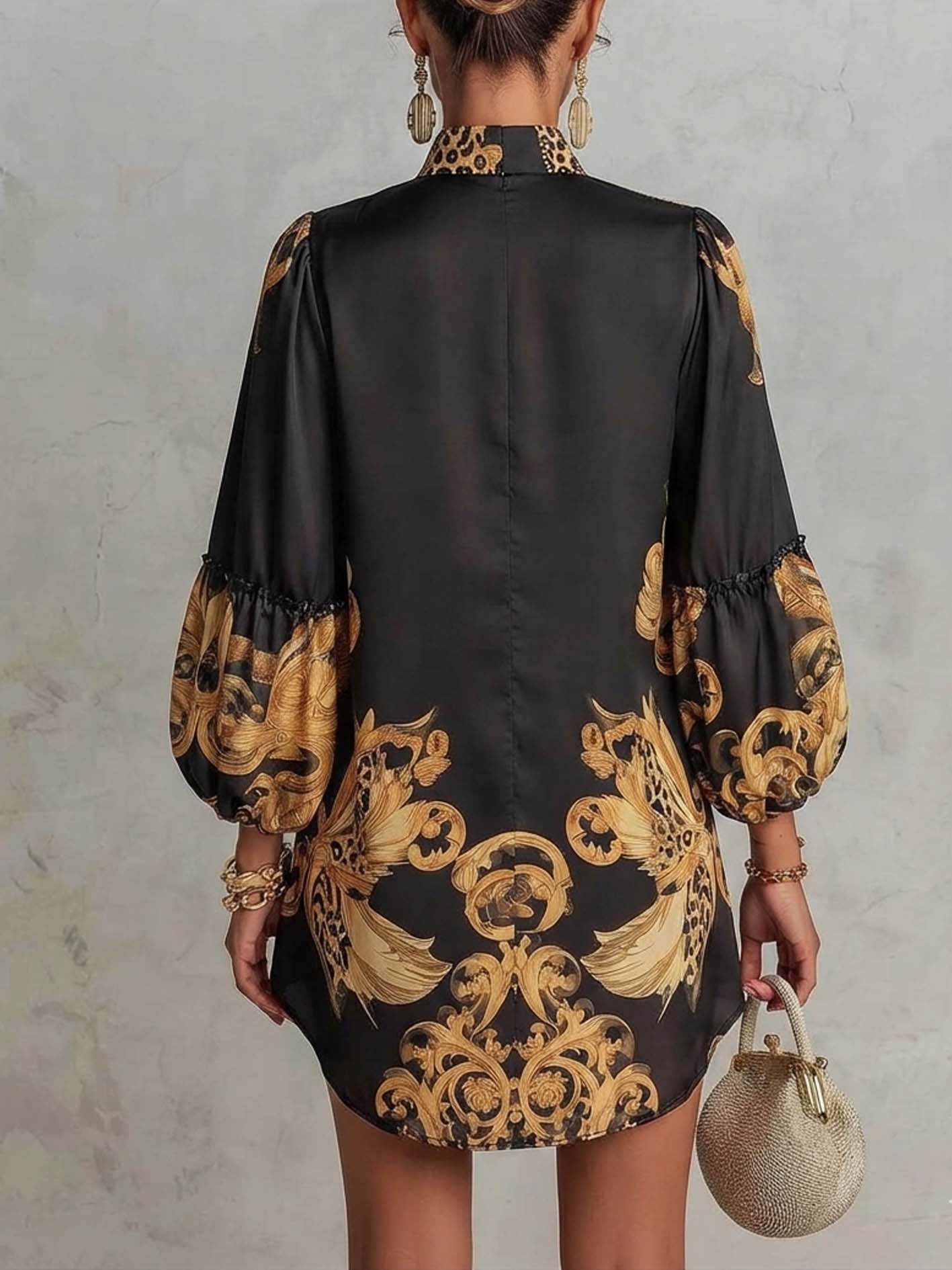 Black Retro Baroque-Print V-Neck Mini Dress
