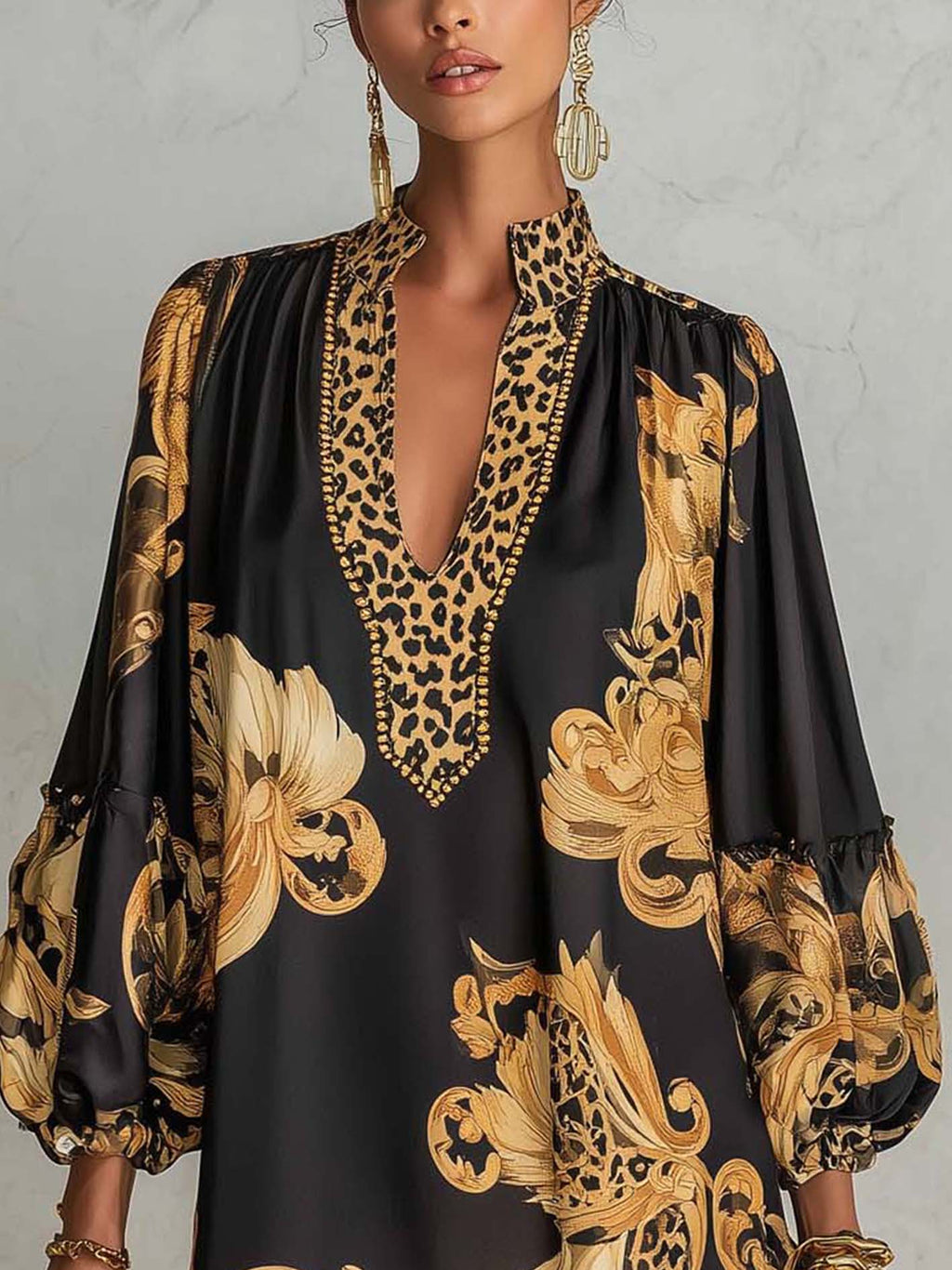 Black Retro Baroque-Print V-Neck Mini Dress
