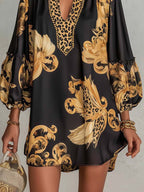 Black Retro Baroque-Print V-Neck Mini Dress