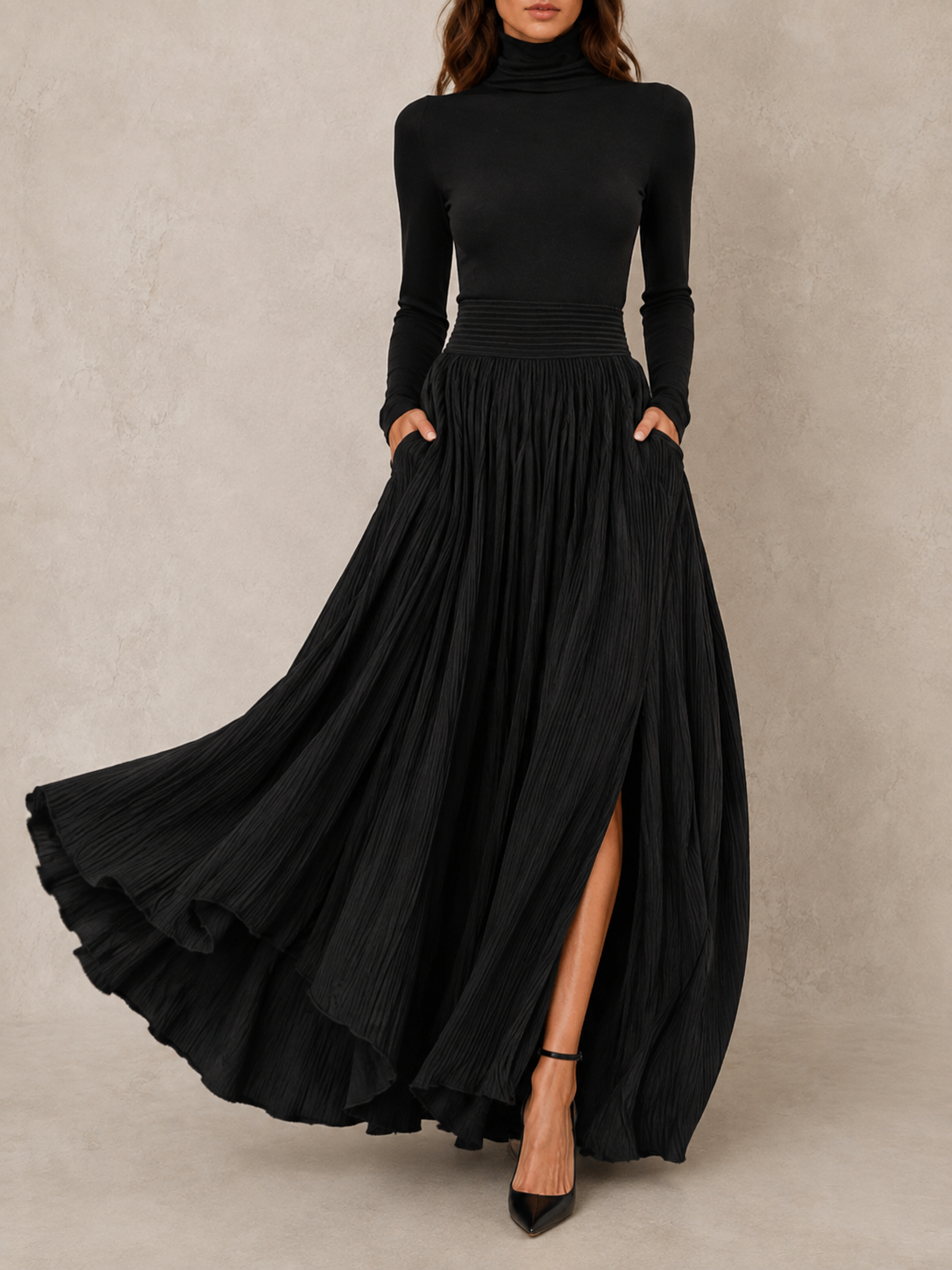 Turtleneck Top and Pleated Midi Skirt Two-Piece Set