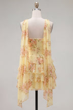 Yellow Floral Strapless Tiered Ruffle A-Line Dress with Neck Chiffon Scarf
