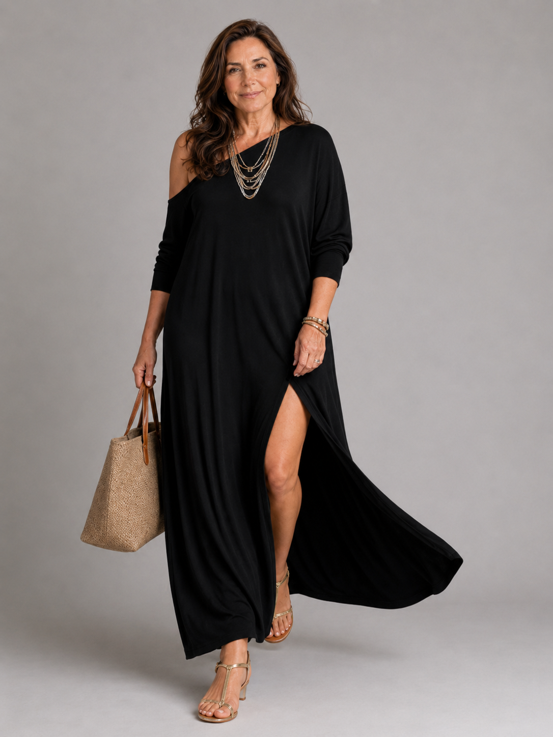 Asterelle | One Shoulder Side Slit Flowing Midi Dress