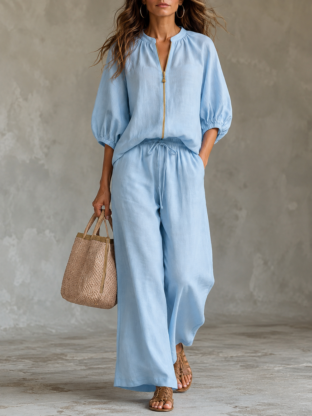 Natalia | Top Blouson with Zip and Wide Leg Pants
