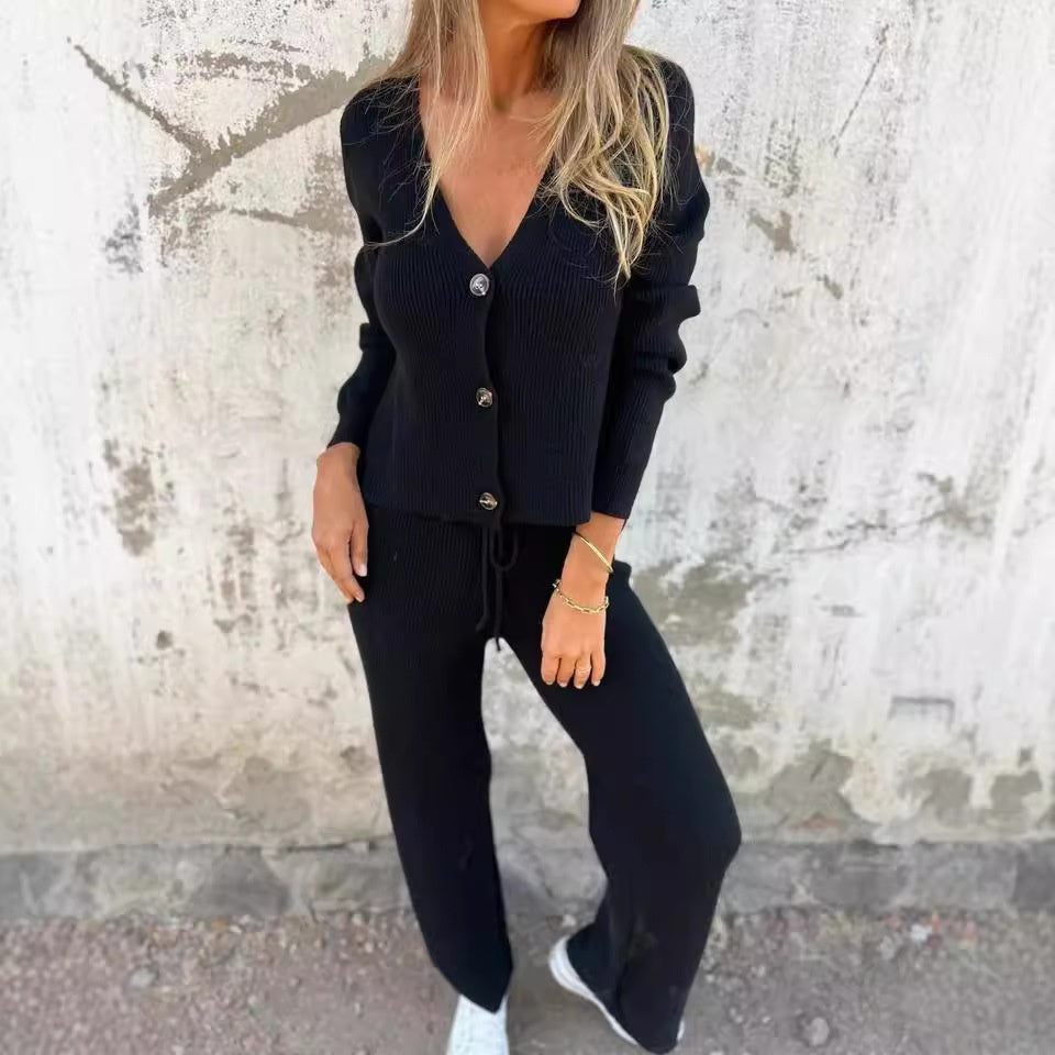 Leona - Knit Cardigan and Wide Leg Trouser Two-Piece Set