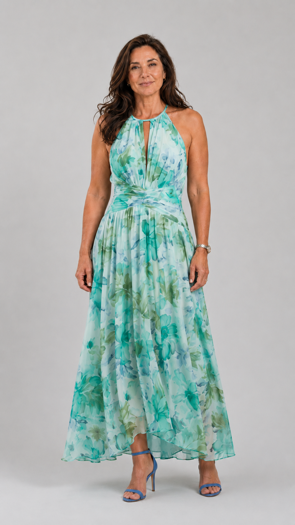 Portia | Pleated Halter Soft Floral Pattern Midi Dress