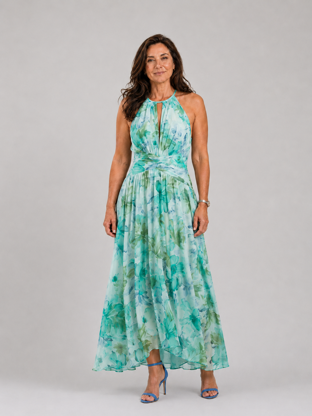 Portia | Pleated Halter Soft Floral Pattern Midi Dress