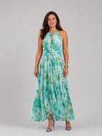 Portia | Pleated Halter Soft Floral Pattern Midi Dress
