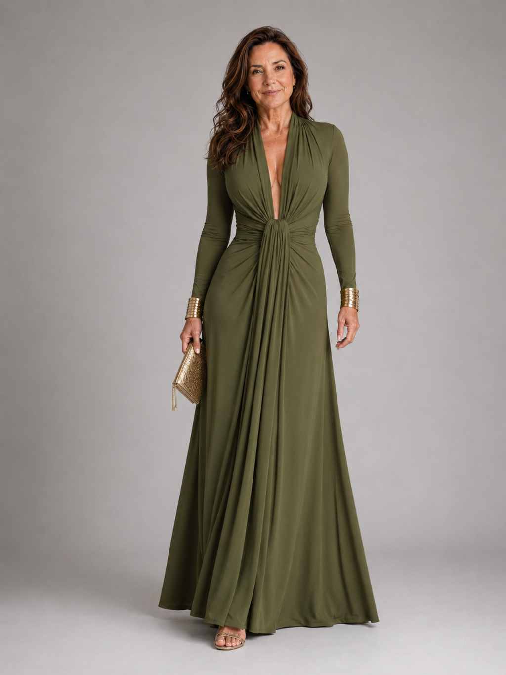 Vimmer | Draped Deep V Neck Long Sleeve Maxi Dress