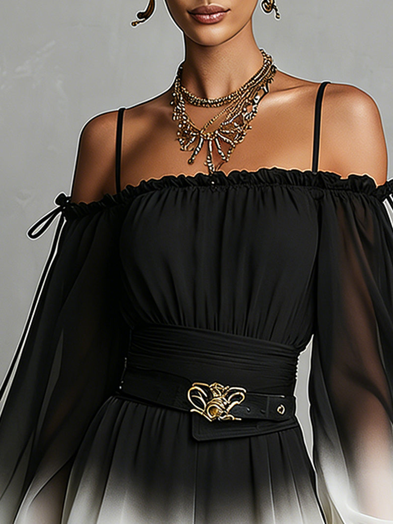 Black And White Gradient Off-shoulder Gradient Jumpsuit(with belt)