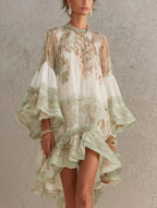 Green Print Ruffle Hem Flounce Sleeve Mini Dress
