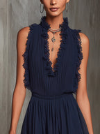 Navy Ruffle Trim Pleated Jumpsuit