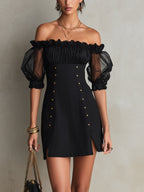 Black Off-Shoulder Puff Sleeve Mini Dress