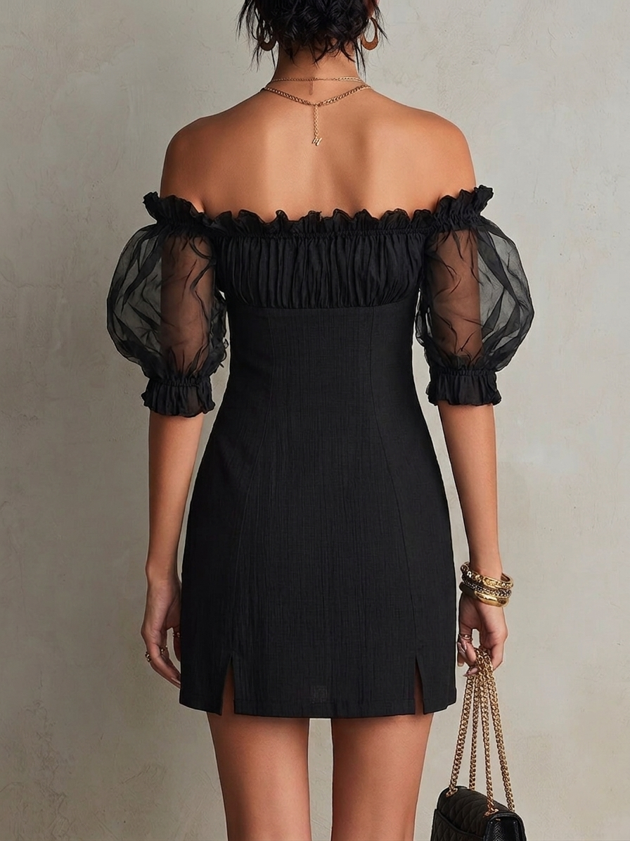 Black Off-Shoulder Puff Sleeve Mini Dress