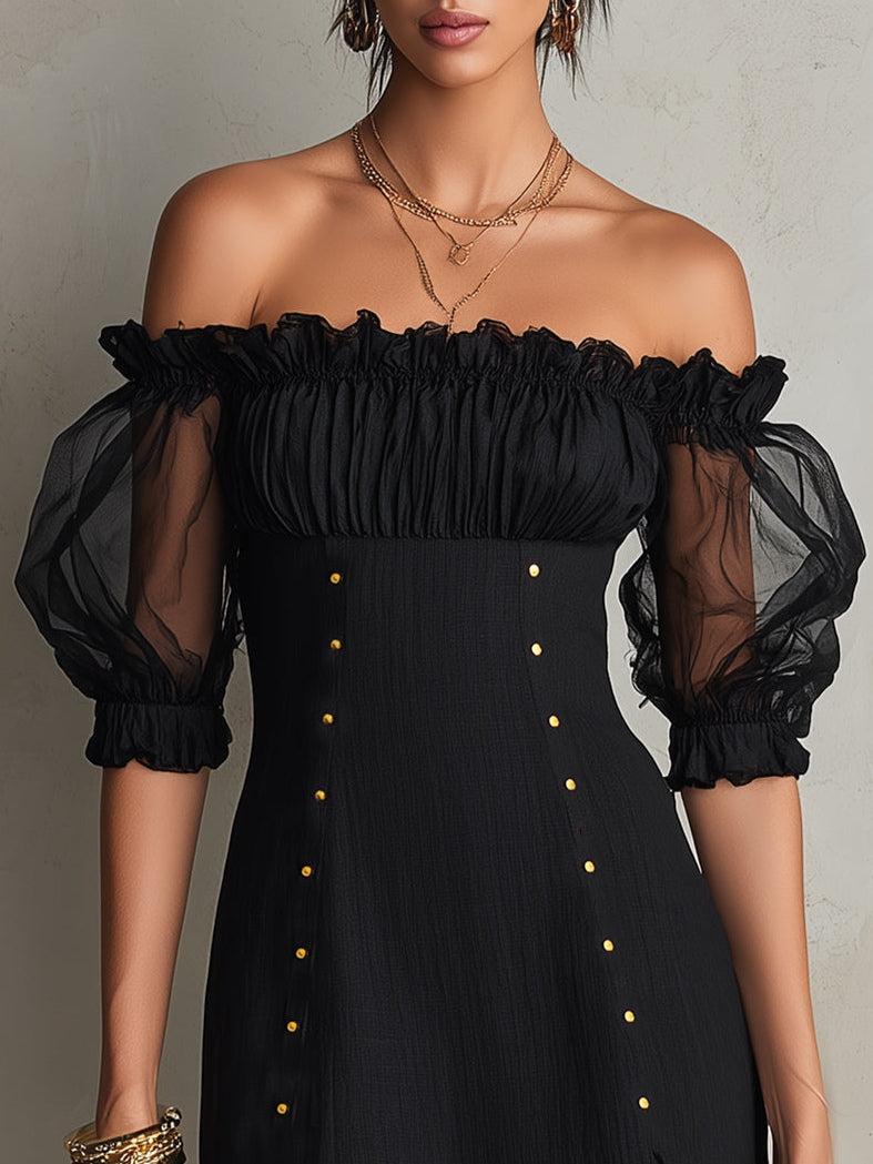 Black Off-Shoulder Puff Sleeve Mini Dress