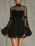Black Sheer Floral Appliqué High Neck Pleated Mini Dress