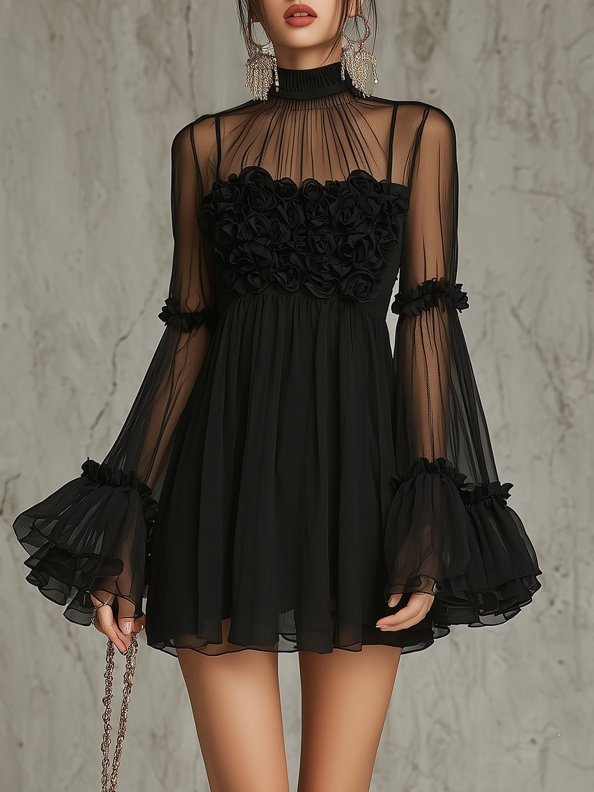 Black Sheer Floral Appliqué High Neck Pleated Mini Dress