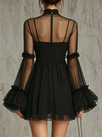 Black Sheer Floral Appliqué High Neck Pleated Mini Dress