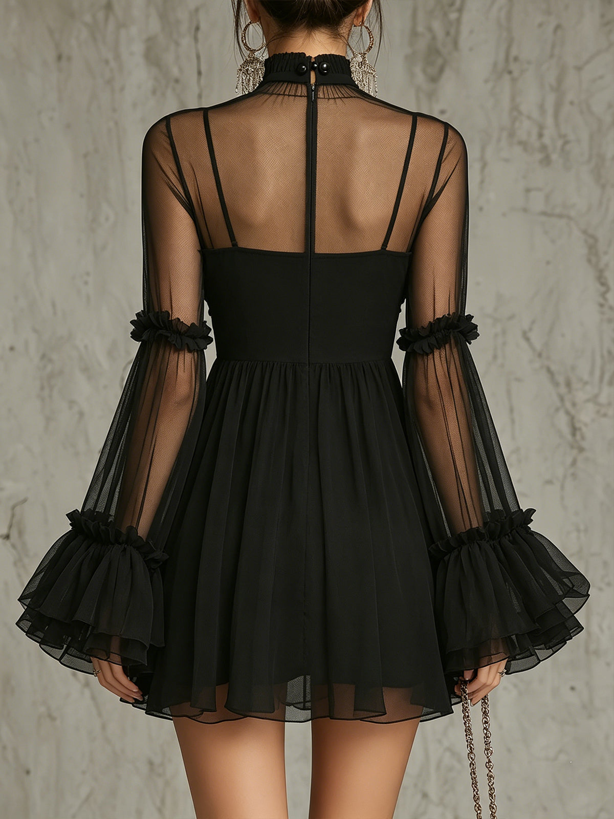 Black Sheer Floral Appliqué High Neck Pleated Mini Dress