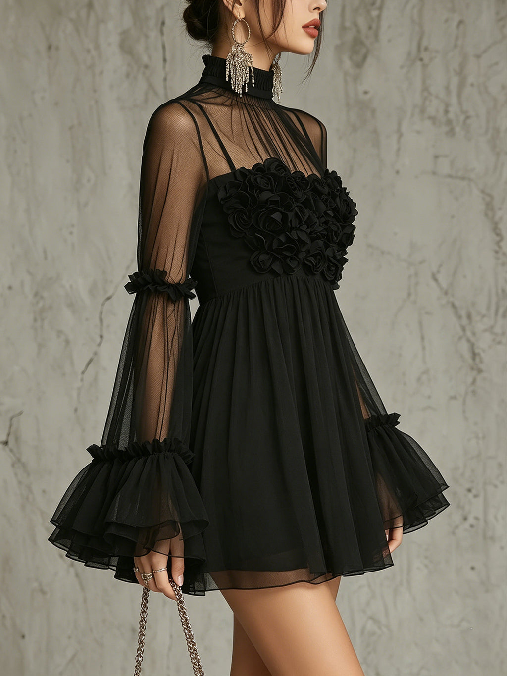Black Sheer Floral Appliqué High Neck Pleated Mini Dress
