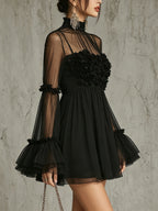 Black Sheer Floral Appliqué High Neck Pleated Mini Dress