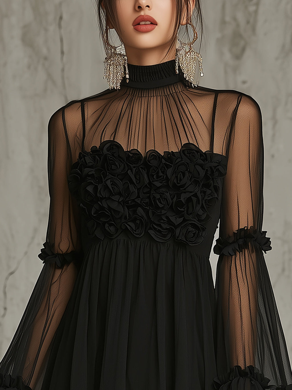 Black Sheer Floral Appliqué High Neck Pleated Mini Dress