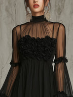 Black Sheer Floral Appliqué High Neck Pleated Mini Dress
