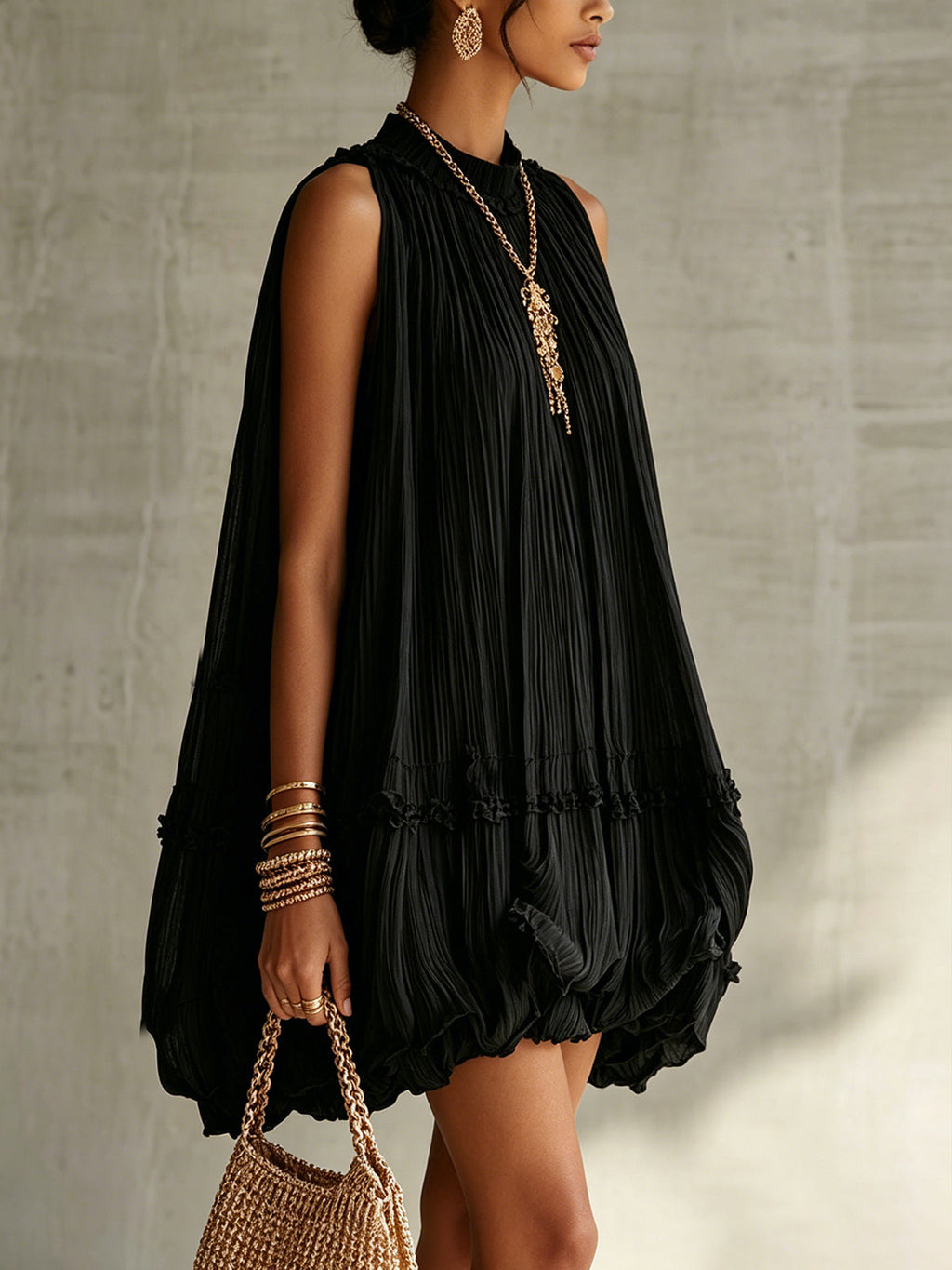 Black Halter Neck Ruffled Bubble Mini Dress
