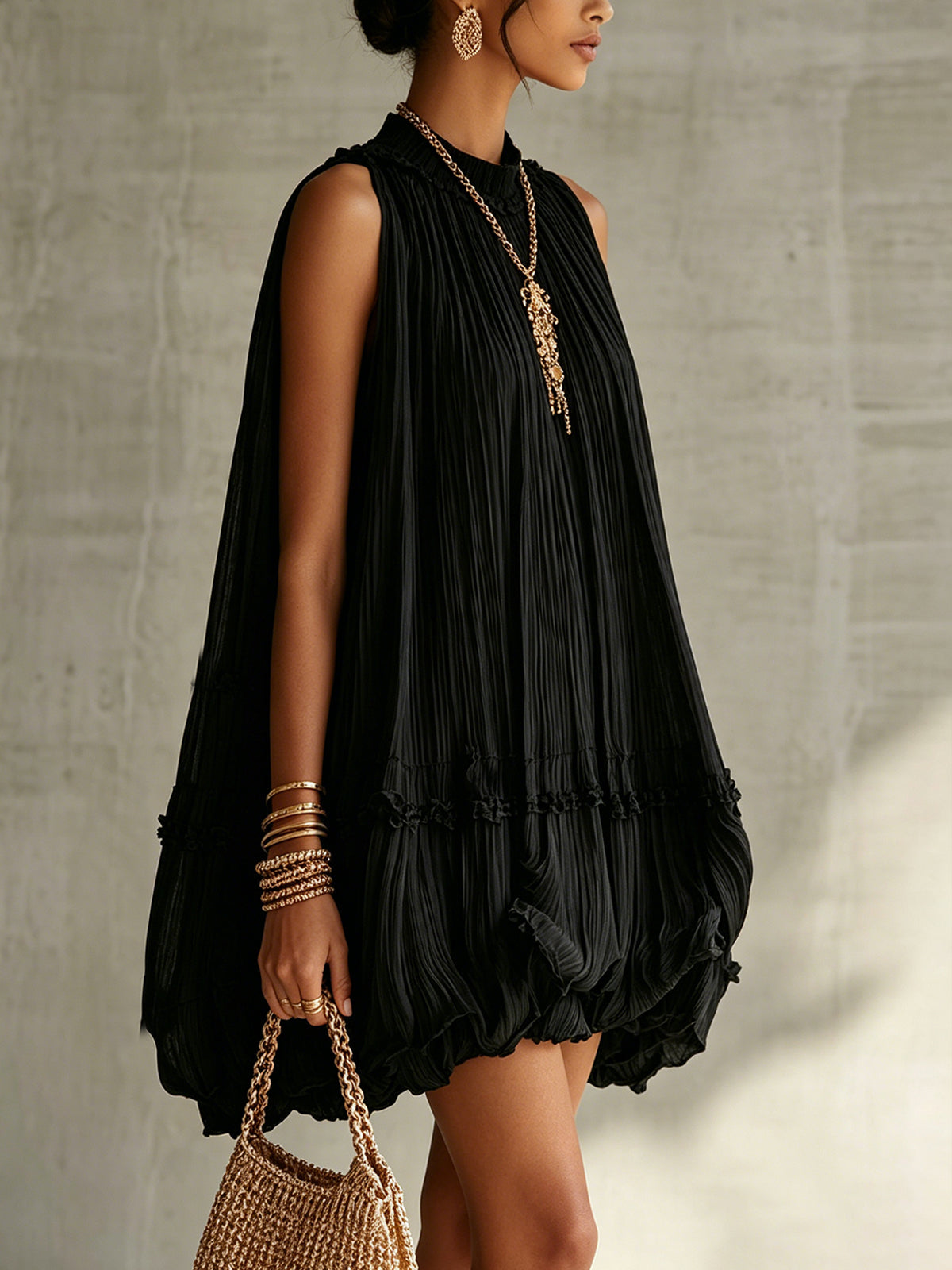 Black Halter Neck Ruffled Bubble Mini Dress