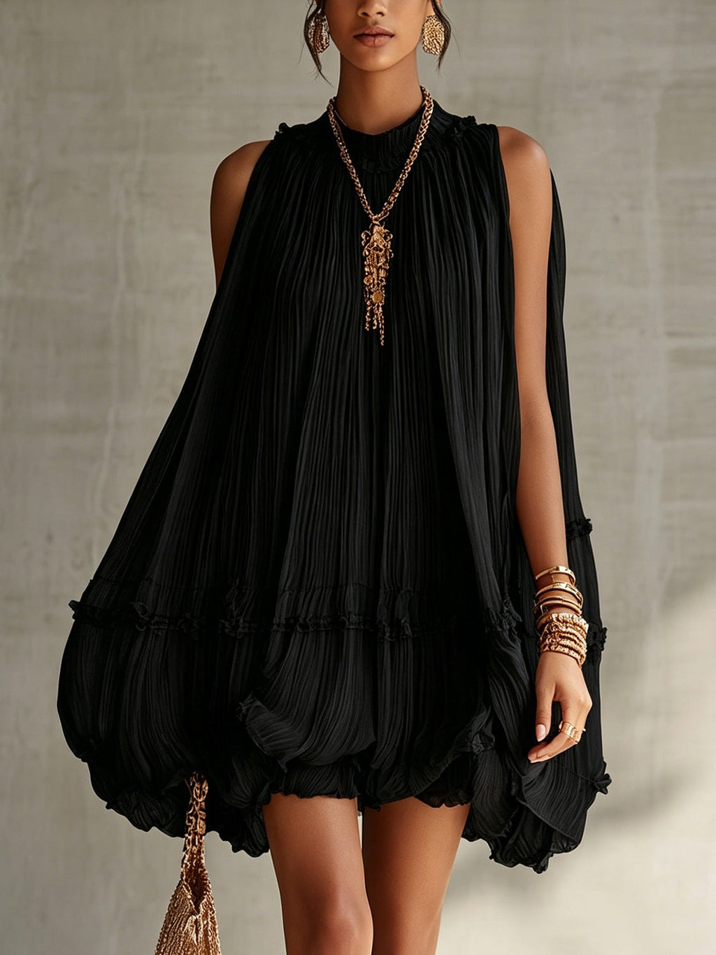 Black Halter Neck Ruffled Bubble Mini Dress