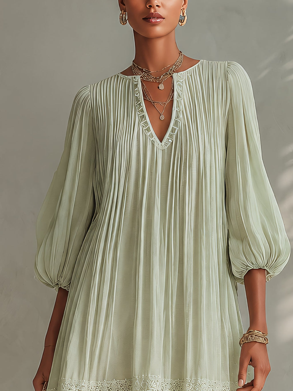 Light Green Pleated Lantern Sleeve Mini Dress