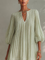 Light Green Pleated Lantern Sleeve Mini Dress