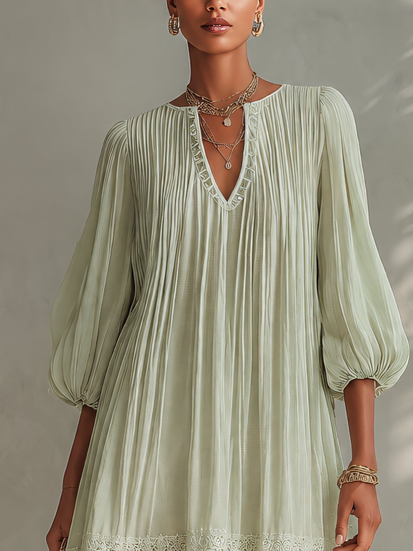 Light Green Pleated Lantern Sleeve Mini Dress