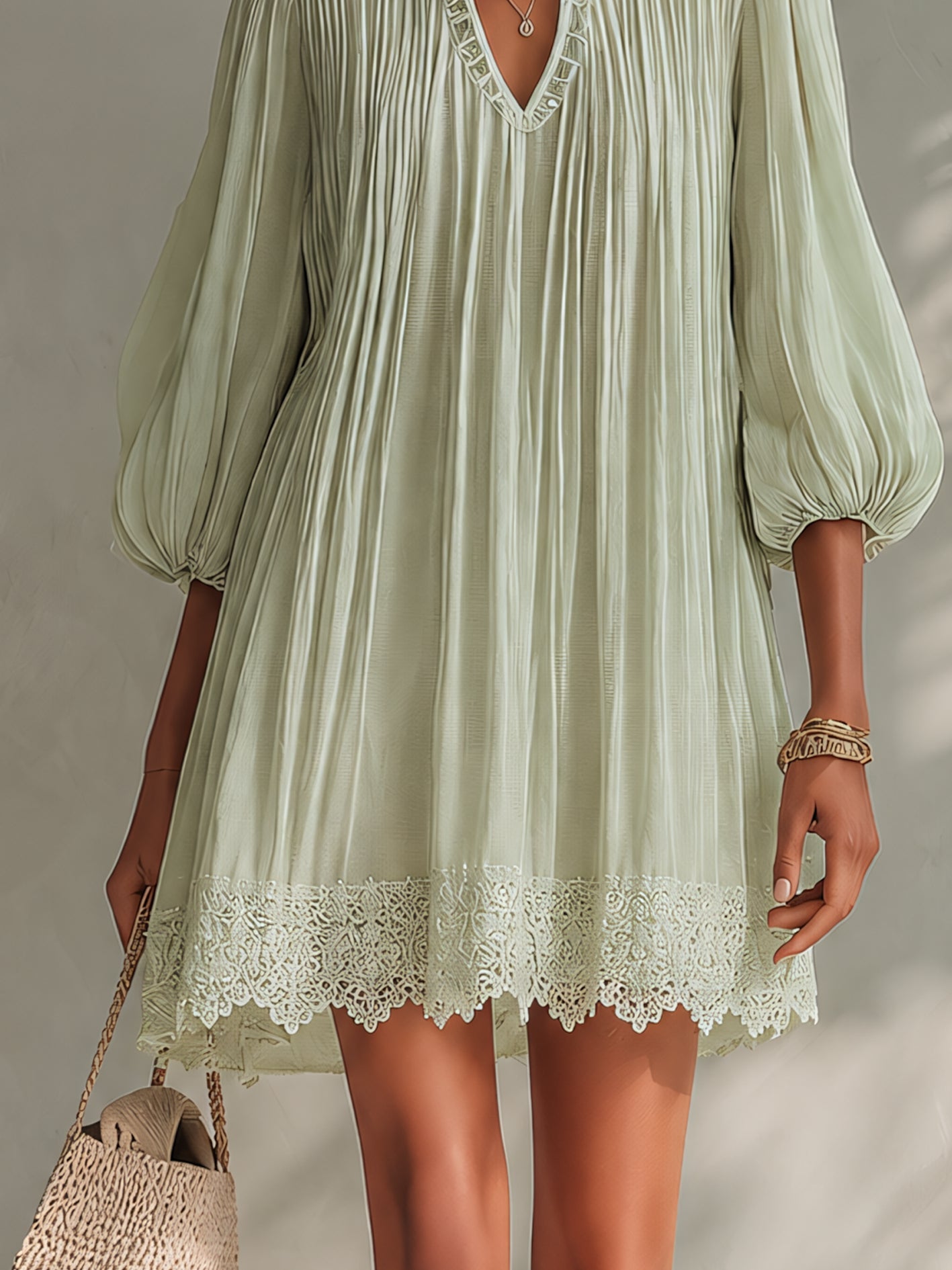 Light Green Pleated Lantern Sleeve Mini Dress