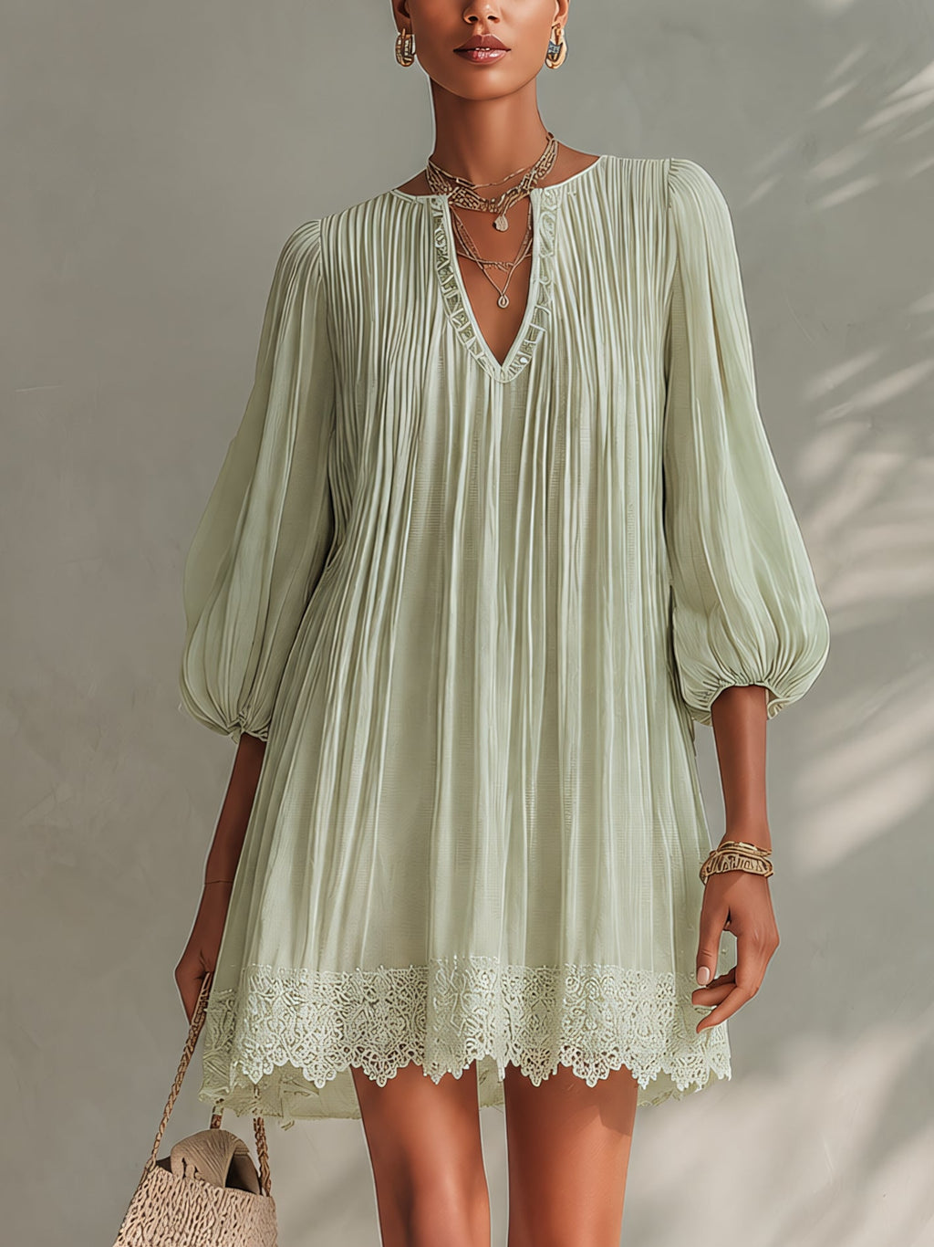 Light Green Pleated Lantern Sleeve Mini Dress