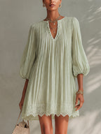 Light Green Pleated Lantern Sleeve Mini Dress