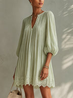 Light Green Pleated Lantern Sleeve Mini Dress