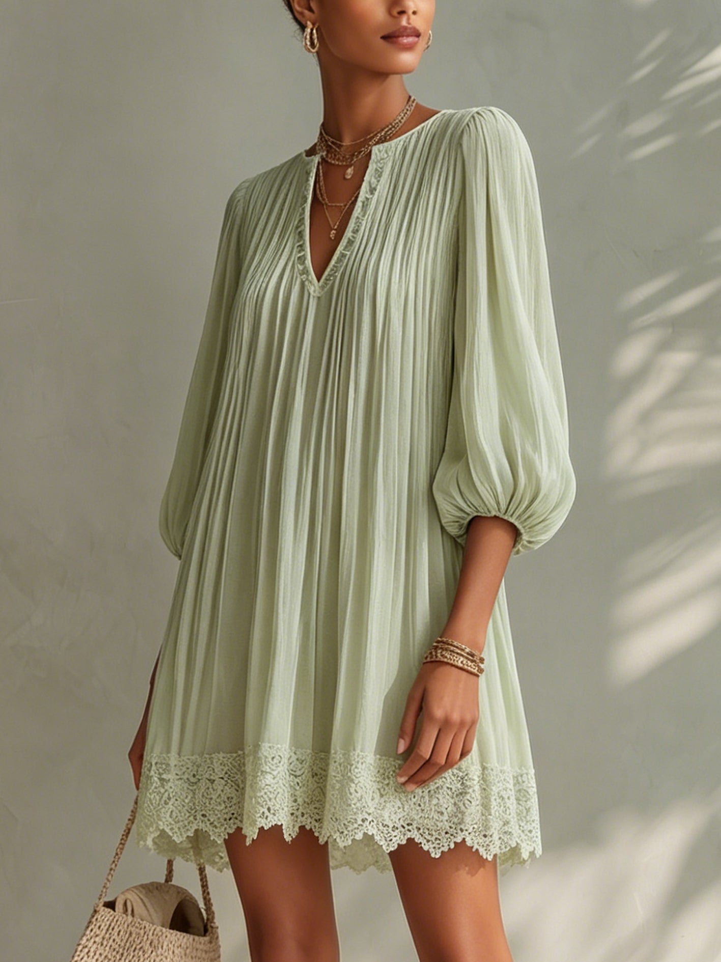 Light Green Pleated Lantern Sleeve Mini Dress