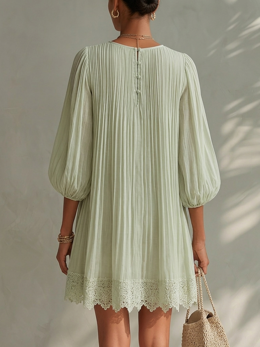 Light Green Pleated Lantern Sleeve Mini Dress