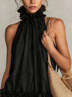 Black Halter Neck Ruffled Sleeveless Mini Dress
