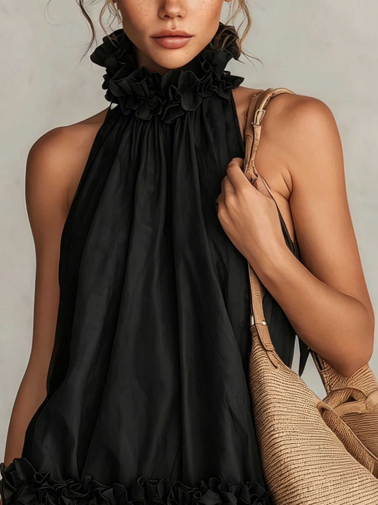 Black Halter Neck Ruffled Sleeveless Mini Dress