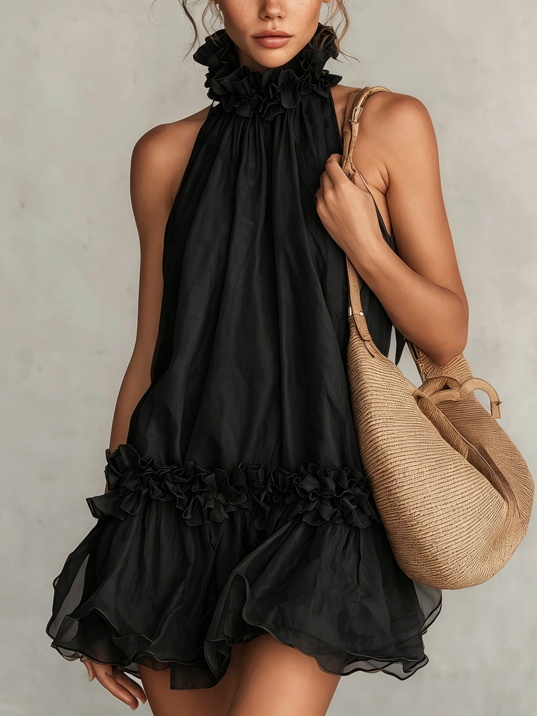 Black Halter Neck Ruffled Sleeveless Mini Dress