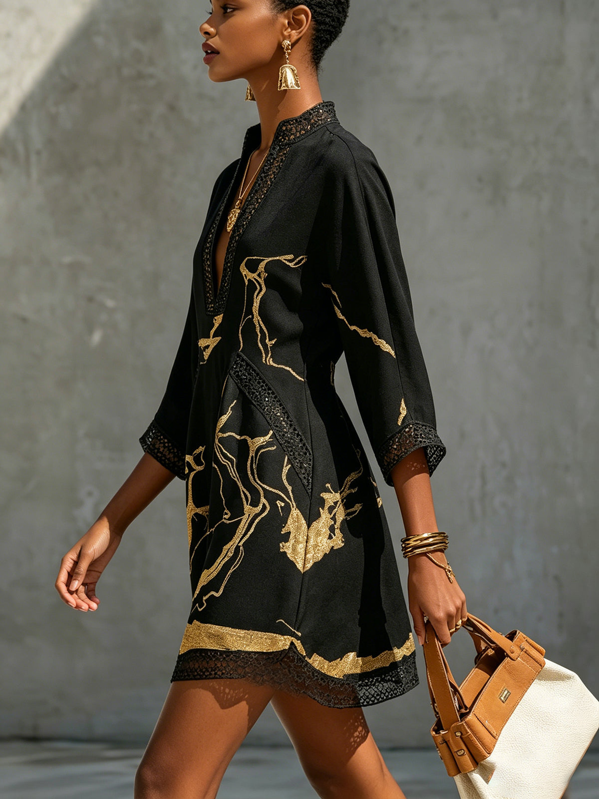 Black Gold Printed V-neck Mini Dress – Harper Vale