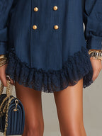 Navy Blue Turtleneck Button Lace Ruffled Hem Mini Dress