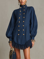Navy Blue Turtleneck Button Lace Ruffled Hem Mini Dress