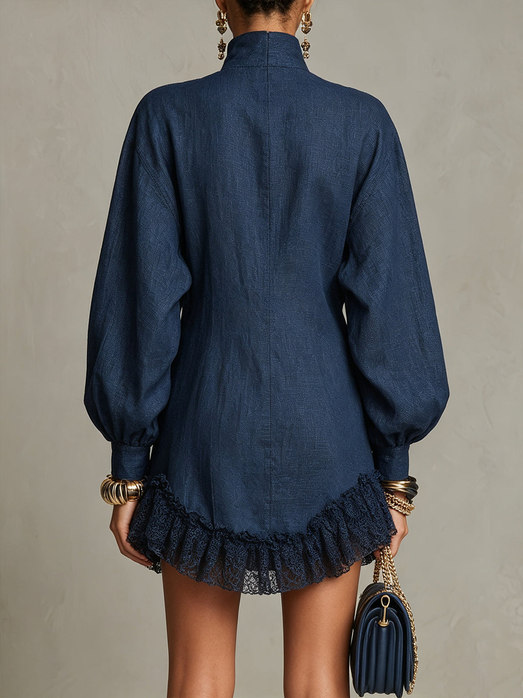 Navy Blue Turtleneck Button Lace Ruffled Hem Mini Dress