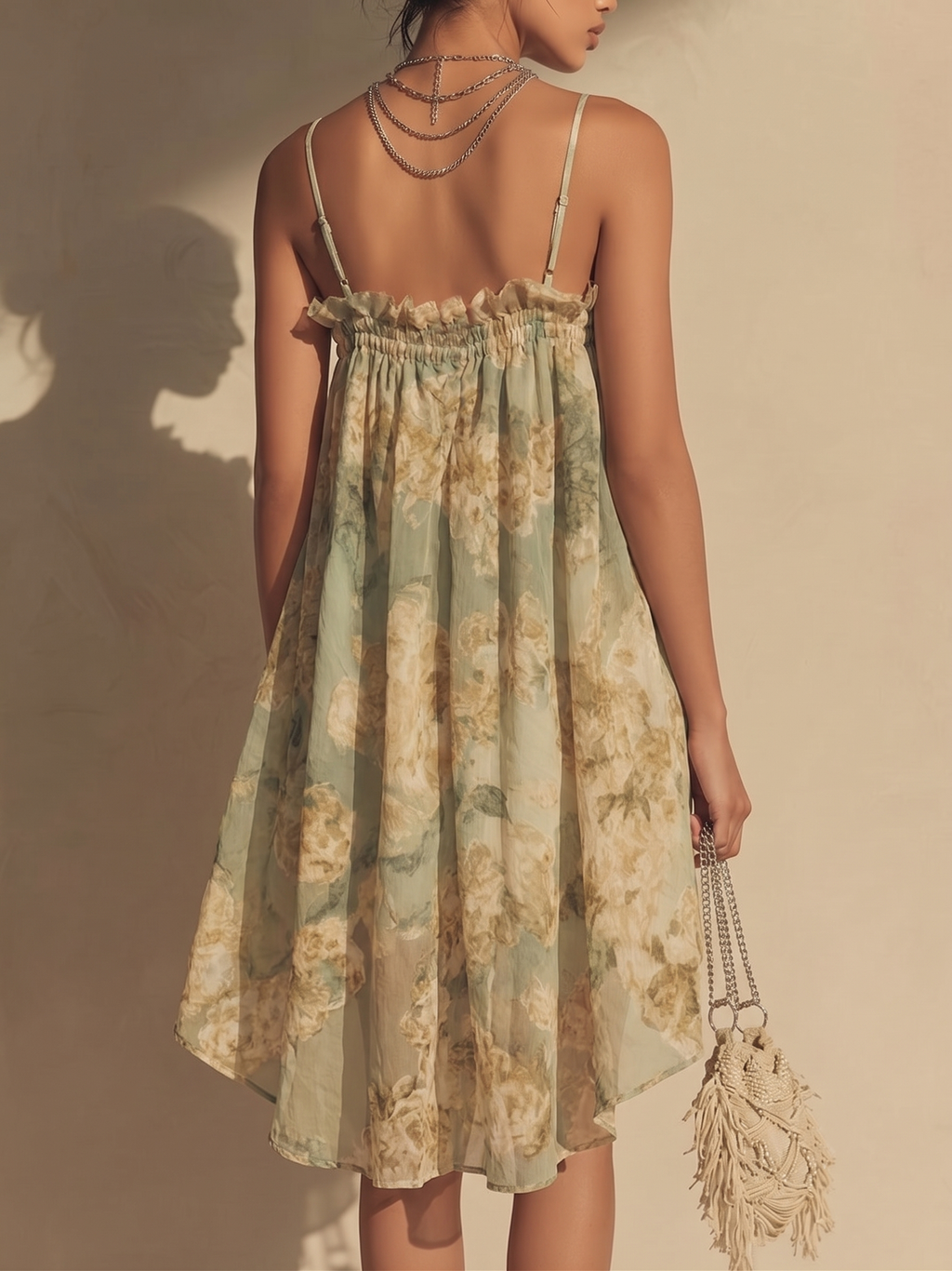 Green Floral Chiffon Ruffled Irregular Strap Dress